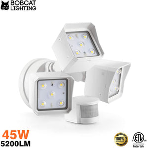 Bobcat LED Flood Lights 30 Watts 180 deg Motion Activated Outdoor Security Lights Three Head 3400 lumens 5000K Black