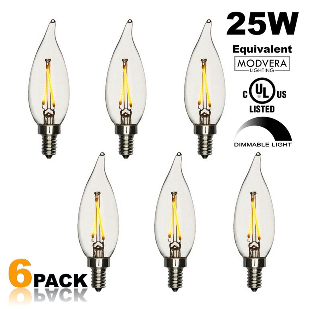6 pack - Modvera 25W Equal LED Candelabra Bulb Bent Tip 2 Watts Warm White 2700K E12 Base Filament Style Chandelier Bulb. UL LISTED, RoHS Compliant