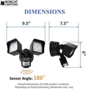 Bobcat LED Flood Lights 30 Watts 180 deg Motion Activated Outdoor Security Lights Three Head 3400 lumens 5000K Black