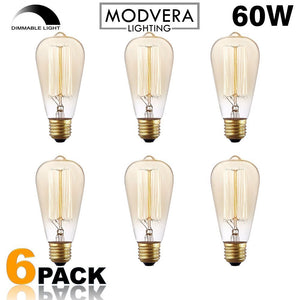 NEW 6 Pack - Modvera 60w Edison Bulb Antique Bulb Vintage Style ST64 2200K Warm White E26 Base Dimmable 370 lumens