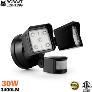 Bobcat LED Flood Lights 30 Watts 180 deg Motion Activated Outdoor Security Lights Three Head 3400 lumens 5000K Black