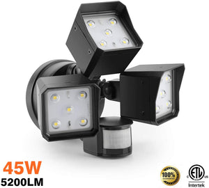 Bobcat LED Flood Lights 30 Watts 180 deg Motion Activated Outdoor Security Lights Three Head 3400 lumens 5000K Black