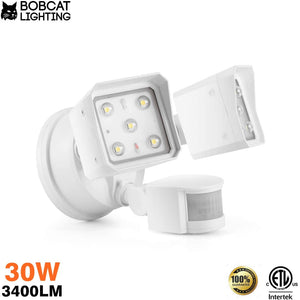 Bobcat LED Flood Lights 30 Watts 180 deg Motion Activated Outdoor Security Lights Three Head 3400 lumens 5000K Black