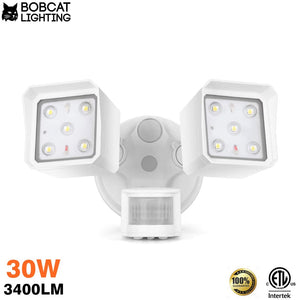 Bobcat LED Flood Lights 30 Watts 180 deg Motion Activated Outdoor Security Lights Three Head 3400 lumens 5000K Black