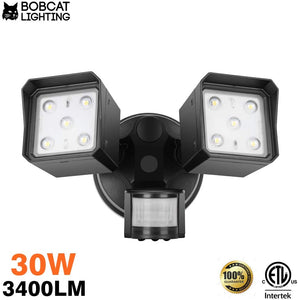 Bobcat LED Flood Lights 30 Watts 180 deg Motion Activated Outdoor Security Lights Three Head 3400 lumens 5000K Black