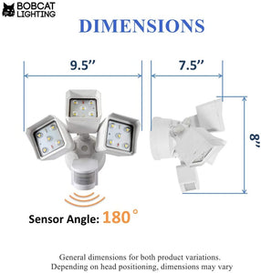 Bobcat LED Flood Lights 30 Watts 180 deg Motion Activated Outdoor Security Lights Three Head 3400 lumens 5000K Black