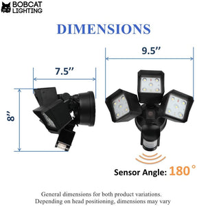 Bobcat LED Flood Lights 30 Watts 180 deg Motion Activated Outdoor Security Lights Three Head 3400 lumens 5000K Black